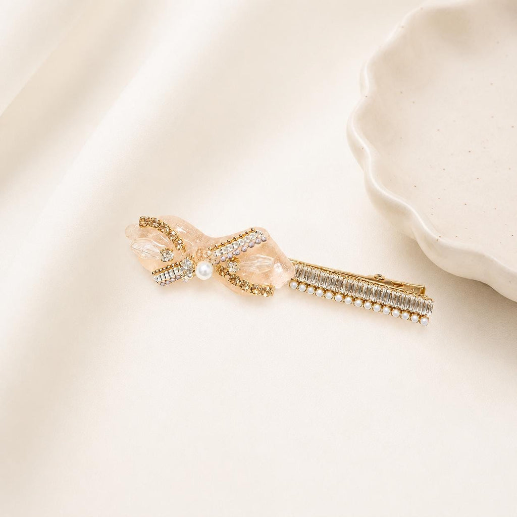 Champagne Shimmer Bow Hair Clip, Baguette Crystal Pearl Barrette, Balletcore Coquette Hair Accessory, Gift for Her