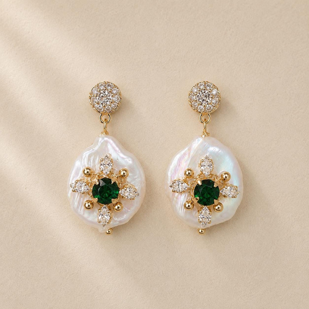 Baroque Pearl Drop Earrings, Emerald Green Crystal Starburst Dangles, Antique Gold Stud Earrings, Vintage Statement Jewelry, Gift for Her