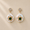 Baroque Pearl Drop Earrings, Emerald Green Crystal Starburst Dangles, Antique Gold Stud Earrings, Vintage Statement Jewelry, Gift for Her