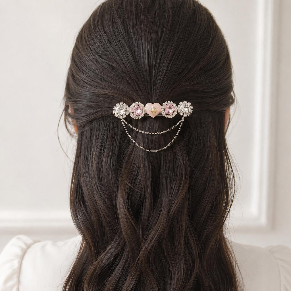 Pink Heart Star Hair Clip, Silver Chain Barrette, Pastel Rhinestone Medallion Pinch, Whimsical Y2K Celestial Magical Girl Accessories