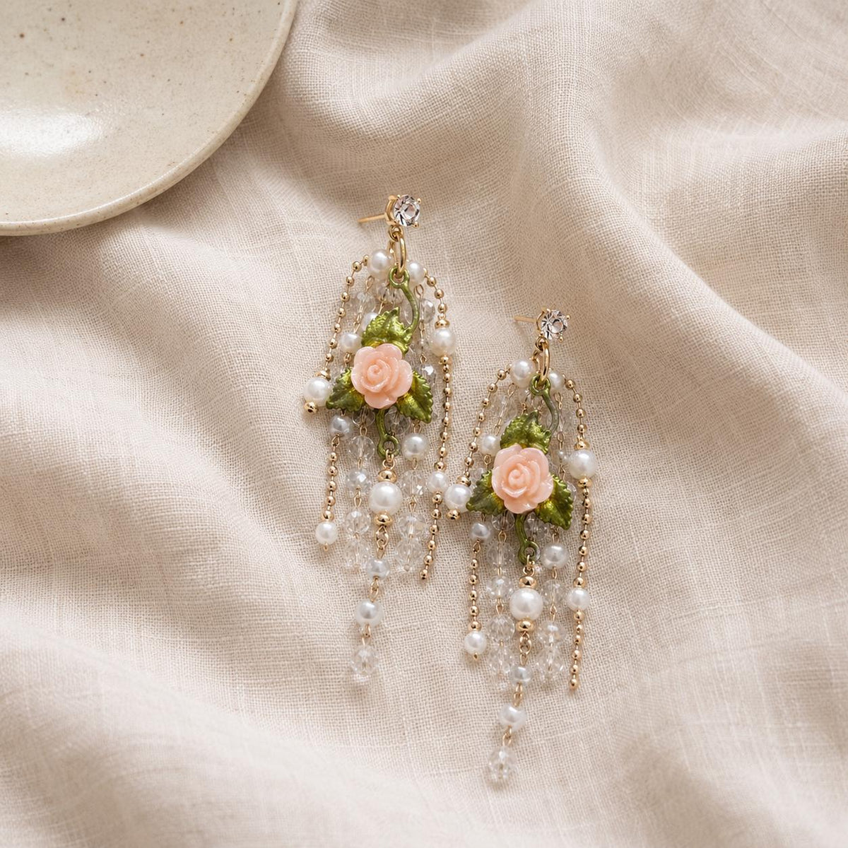 Pink Rose Flower Chandelier Earrings, Pearl Tassel Dangle Earrings, Victorian Garden Statement Jewelry, Romantic Gift for Her