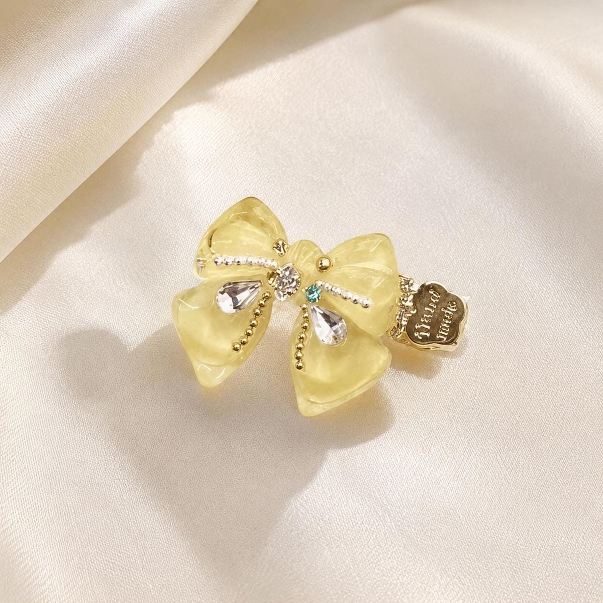 Yellow Bow Hair Clip, Marble Acetate Ribbon Barrette, Crystal Teardrop Alligator Pinch, Whimsical Y2K Coquette Preppy Hair Accessories