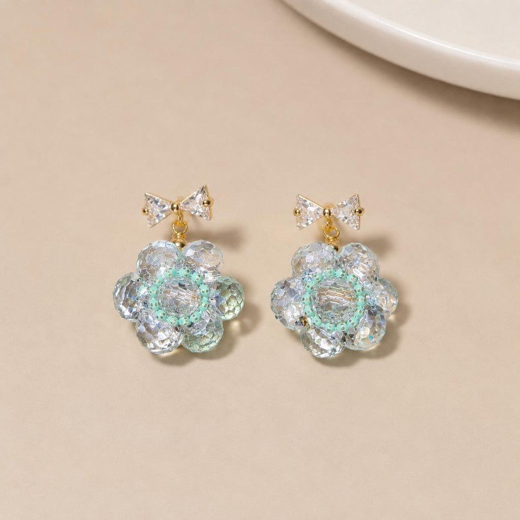 Ice Blue Beaded Blossom Earrings, Gold Bow Stud Earrings, Pastel Coquette Flower Dangles, Whimsical Statement Jewelry, Gift for Her