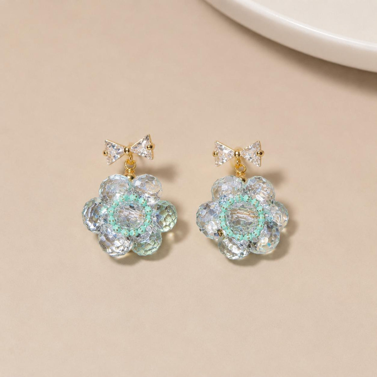 Ice Blue Beaded Blossom Earrings, Gold Bow Stud Earrings, Pastel Coquette Flower Dangles, Whimsical Statement Jewelry, Gift for Her