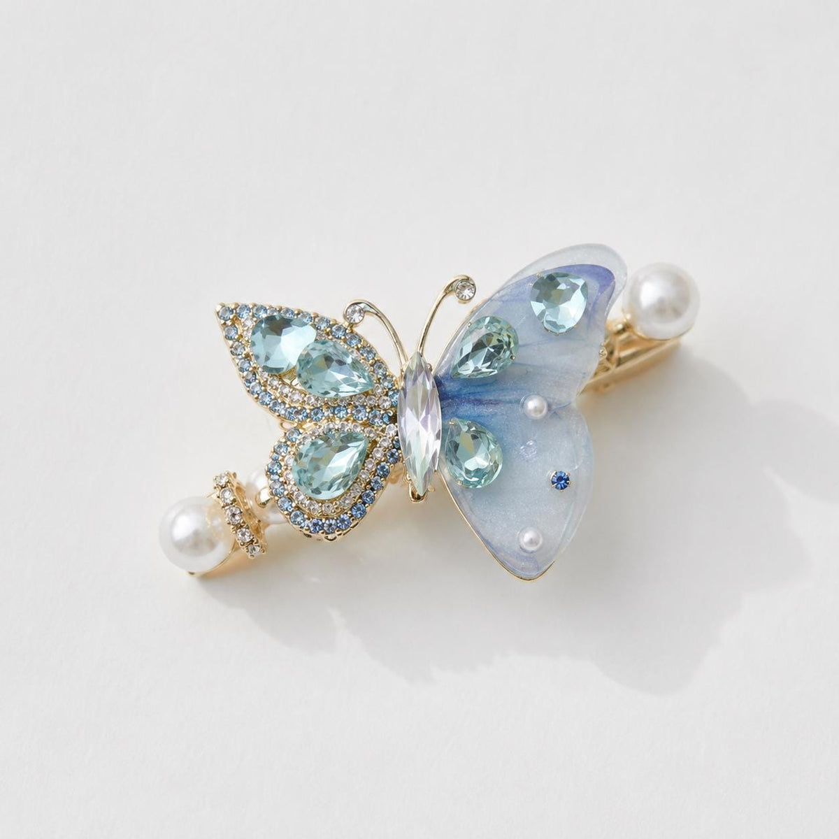 Pastel Blue Butterfly Hair Clip, Aquamarine Crystal Pearl Barrette, Elven Fairycore Mermaid Jewelry