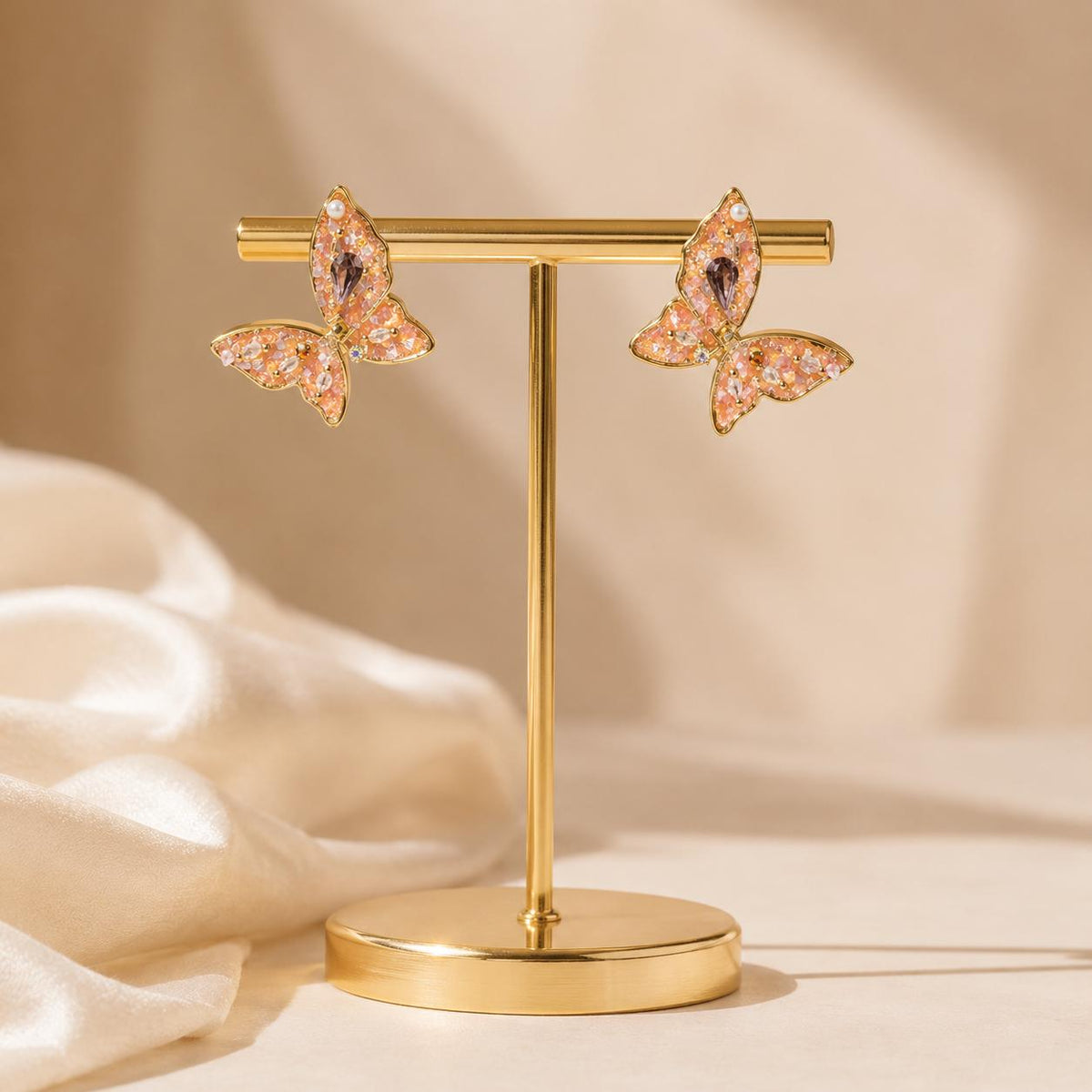 Gold Pink Butterfly Stud Earrings, Crystal Pearl Earrings, Korean Fairycore Jewelry, Whimsical Butterfly Gift for Her