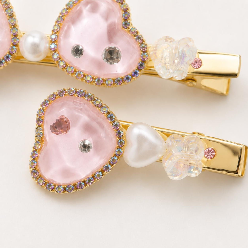 Pink Resin Heart Hair Clips, AB Rhinestone Bow Barrette Set, Pastel Butterfly Pearl Pinch