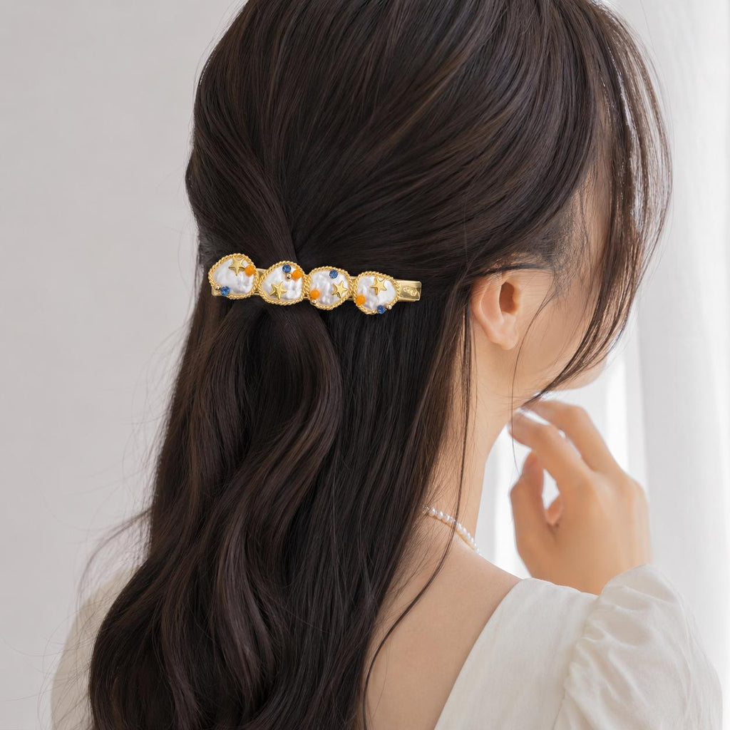Baroque Pearl Star Hair Clip, Celestial Ocean Barrette, Orange Blue Crystal Mermaid Hair Accessory, Gift for Her