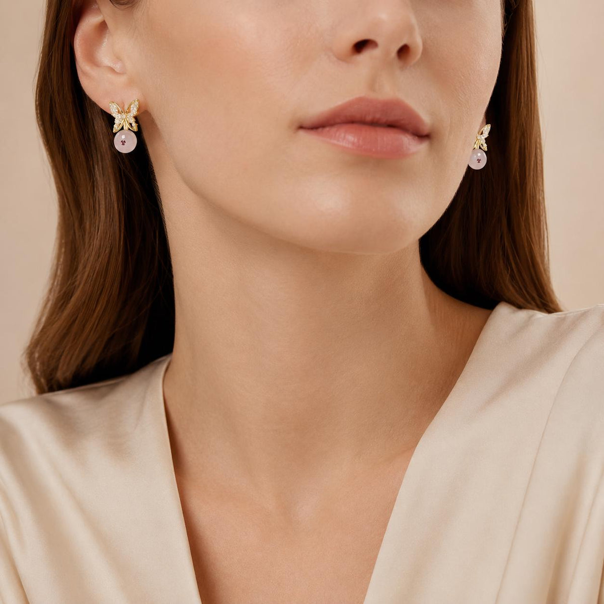 Gold Butterfly Stud Earrings, Marquise Crystal Drop Earrings, Rose Pink Beaded Dangles, Romantic Korean Style Jewelry, Birthday Gift for Her