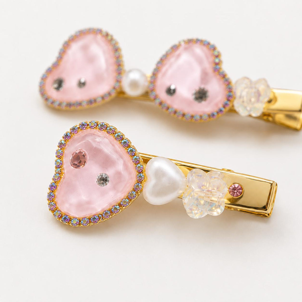 Pink Resin Heart Hair Clips, AB Rhinestone Bow Barrette Set, Pastel Butterfly Pearl Pinch