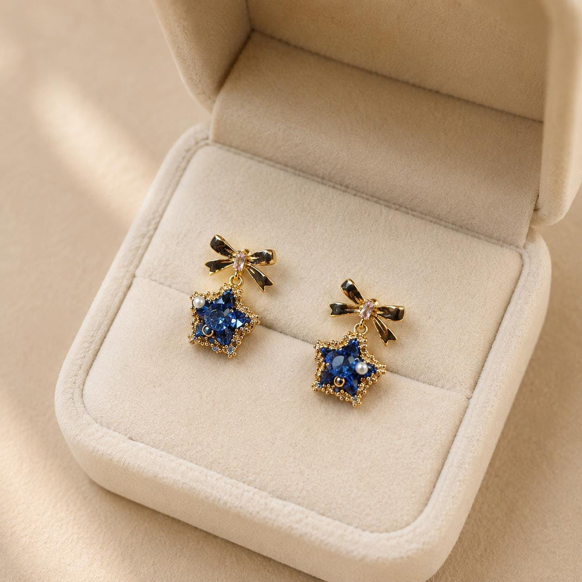 Black Bowknot Star Earrings, Royal Blue Crystal Dangle, Vintage Gold Starburst Statement Studs