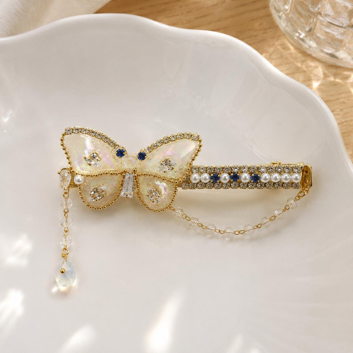 Aurora Butterfly Hair Clip, Royal Blue Crystal Barrette, Pearl Chain Fairycore Hair Accessory, Gift for Her