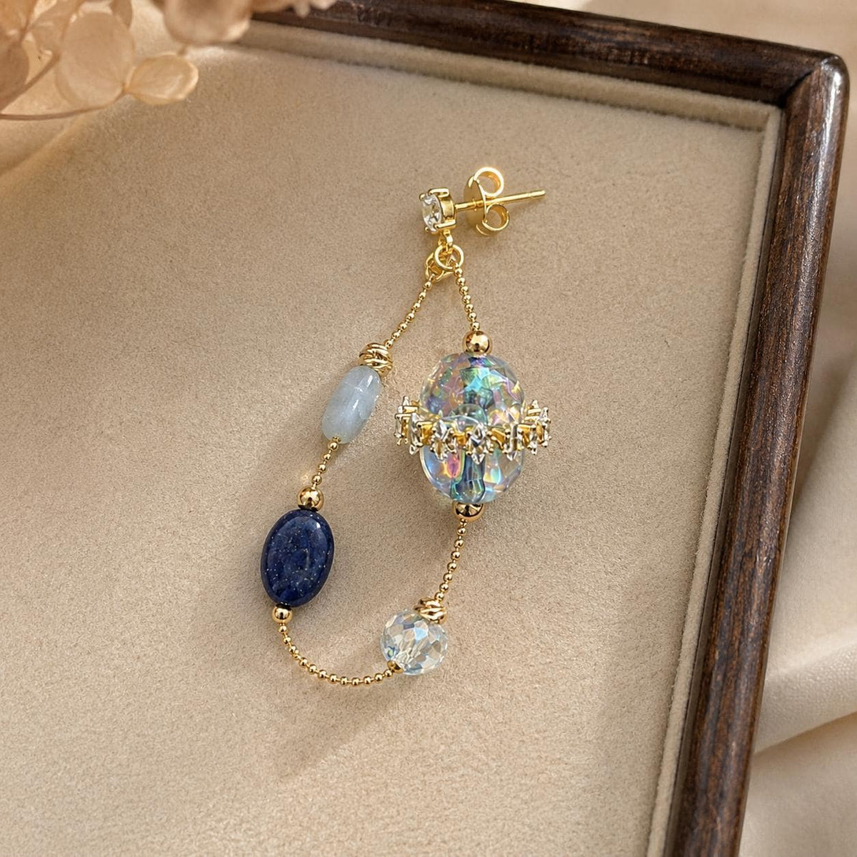 Iridescent Blue Dangle Earrings, Gold Butterfly Chain Earrings, Fairycore Crystal Drop Earrings, Handmade Beaded Jewelry Gift for Her