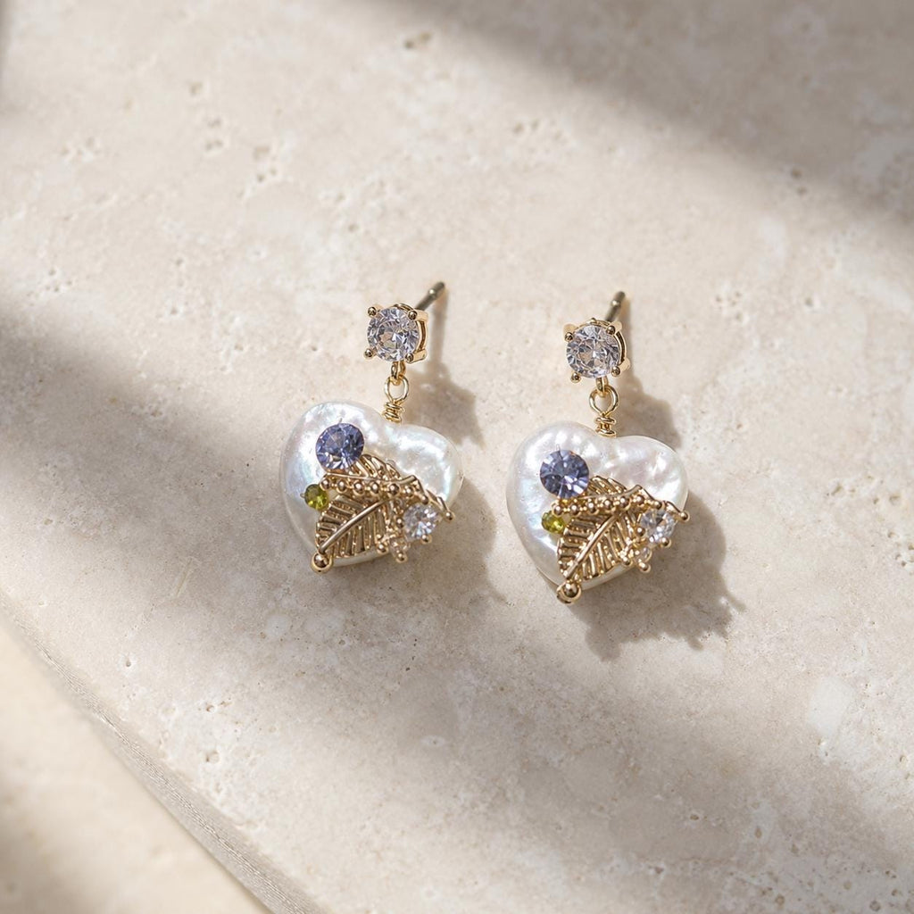 Baroque Pearl Heart Earrings, Gold Leaf Dangle Earrings, Lilac Crystal Stud Earrings, Botanical Statement Jewelry, Gift for Her