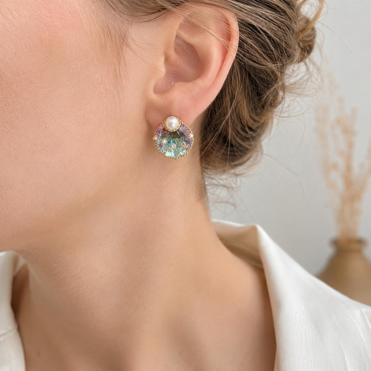 Holographic Seashell Dangle Earrings, Pearl Aurora Glass Earrings, Mermaidcore Ocean Jewelry, Gift for Her