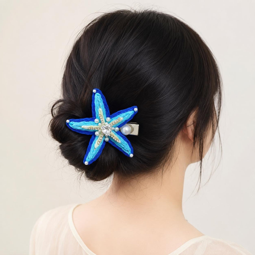 Blue Starfish Hair Clip, Crystal Heart Pearl Hair Barrette, Coastal Ocean Hair Accessory, Beach Gift for Her