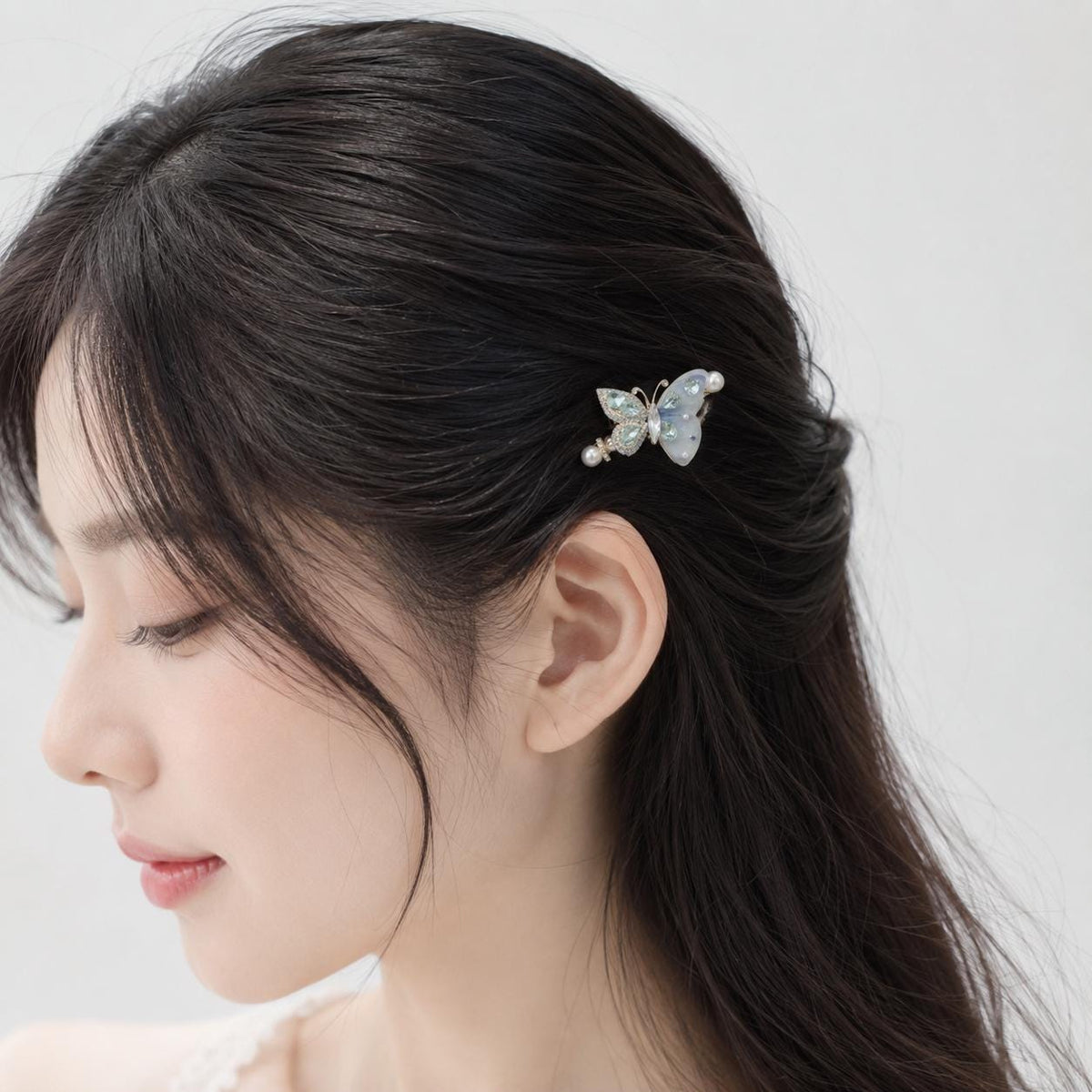 Pastel Blue Butterfly Hair Clip, Aquamarine Crystal Pearl Barrette, Elven Fairycore Mermaid Jewelry