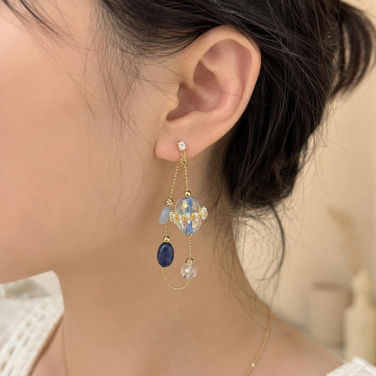Iridescent Blue Dangle Earrings, Gold Butterfly Chain Earrings, Fairycore Crystal Drop Earrings, Handmade Beaded Jewelry Gift for Her