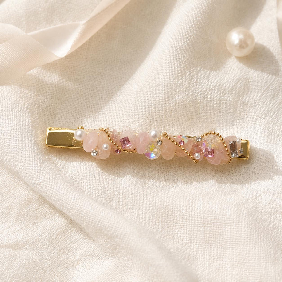 Pink Crystal Stone Hair Clip, Gold Wave Barrette, Fairycore Coquette Hair Accessory, Gift for Her