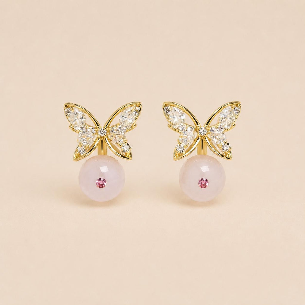 Gold Butterfly Stud Earrings, Marquise Crystal Drop Earrings, Rose Pink Beaded Dangles, Romantic Korean Style Jewelry, Birthday Gift for Her