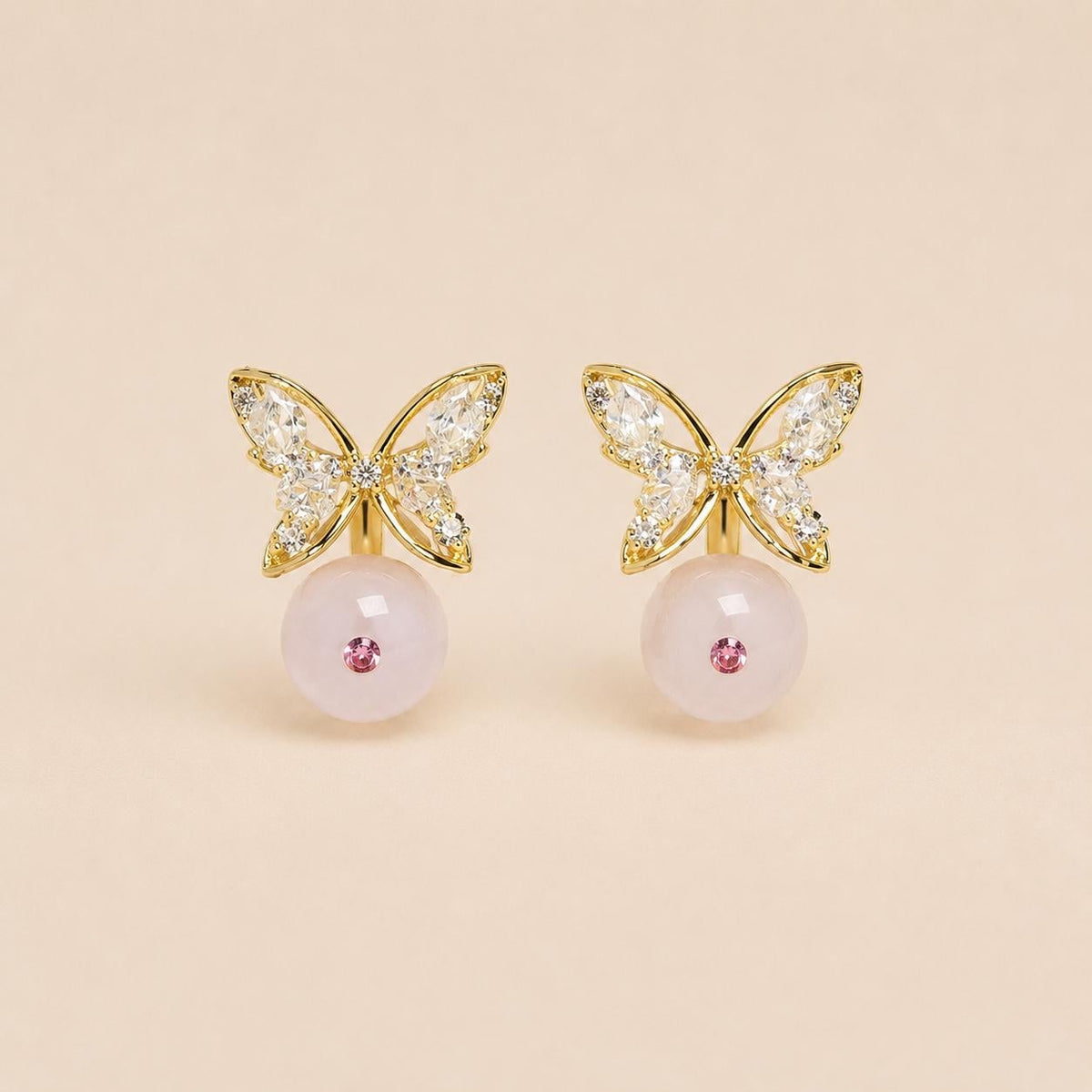 Gold Butterfly Stud Earrings, Marquise Crystal Drop Earrings, Rose Pink Beaded Dangles, Romantic Korean Style Jewelry, Birthday Gift for Her