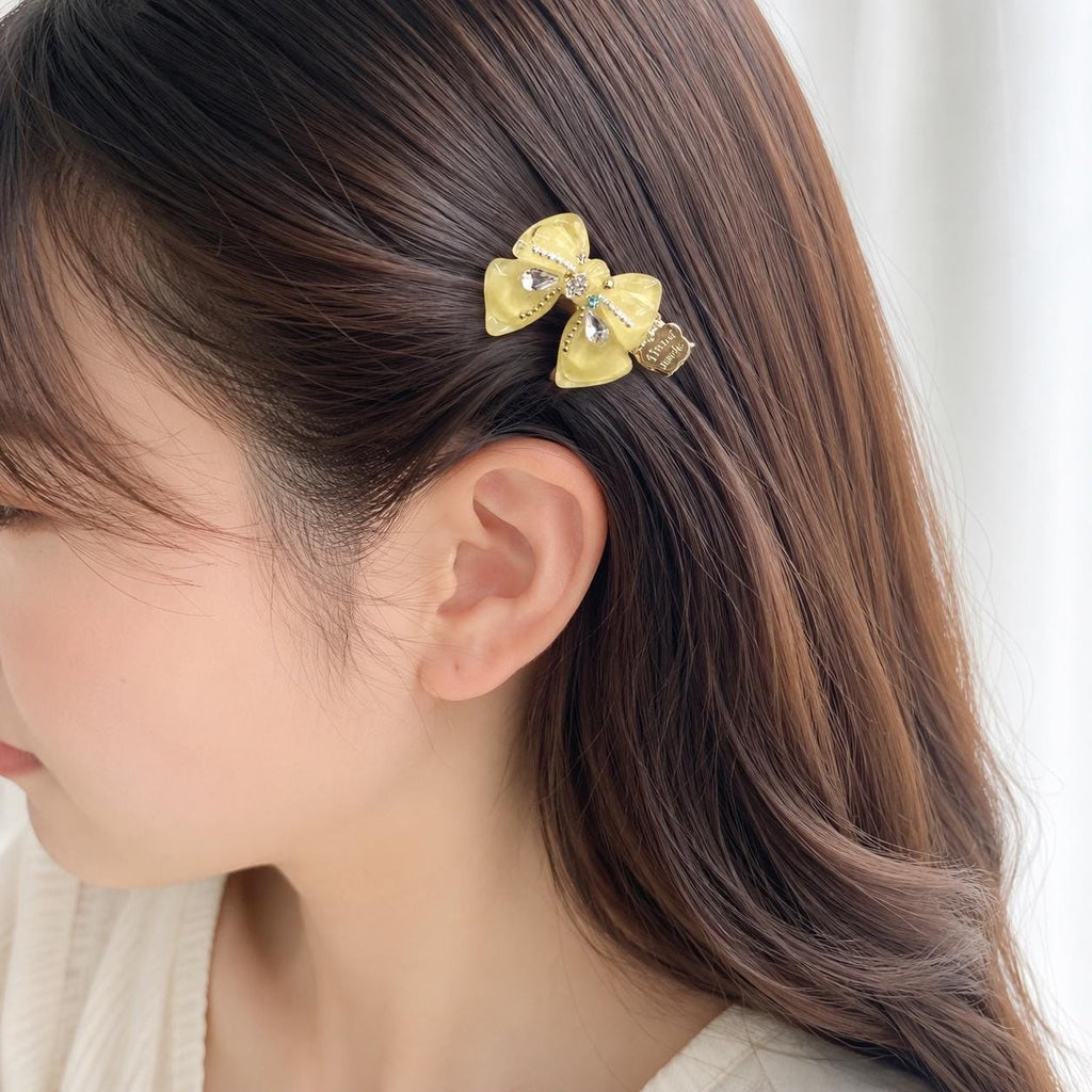 Yellow Bow Hair Clip, Marble Acetate Ribbon Barrette, Crystal Teardrop Alligator Pinch, Whimsical Y2K Coquette Preppy Hair Accessories