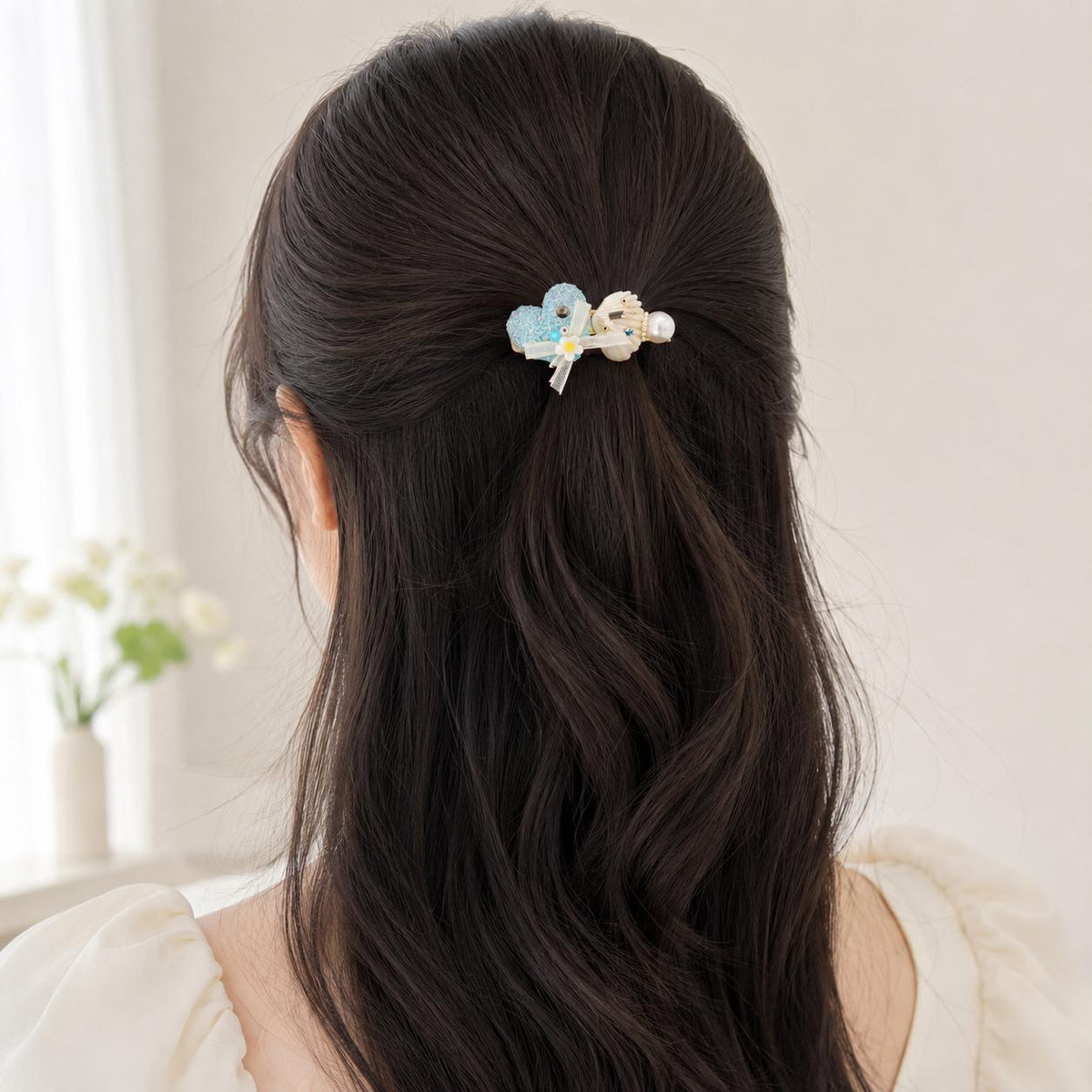 Blue Seashell Heart Hair Clip, Pearl Mermaidcore Hair Barrette, Coquette Ocean Hair Accessory, Summer Beach Gift for Her