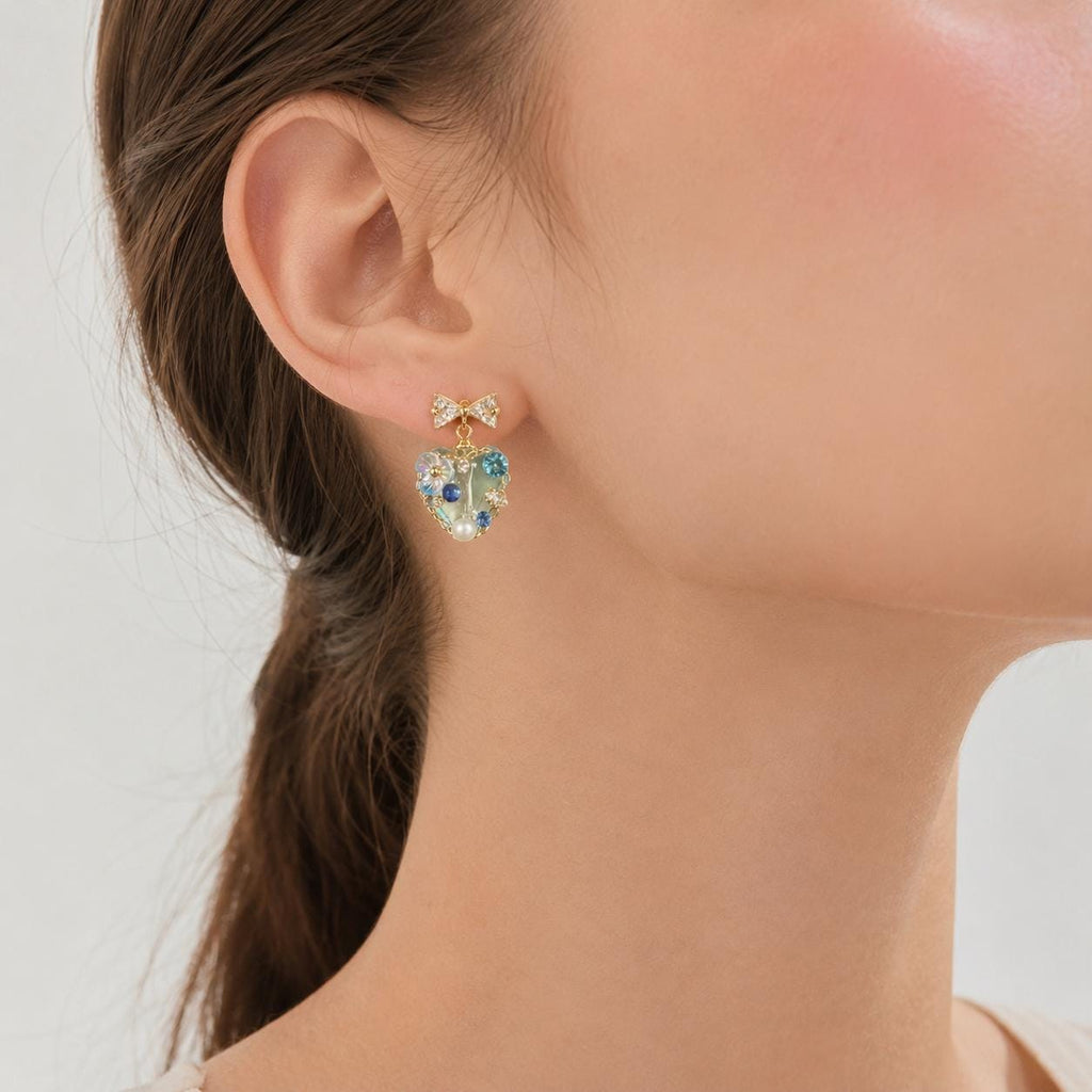 Mint Green Heart Earrings, Dainty Gold Bow Studs, Blue Crystal Pearl Heart Charms, Whimsical Shimmering Jewelry, Romantic Gift for Her