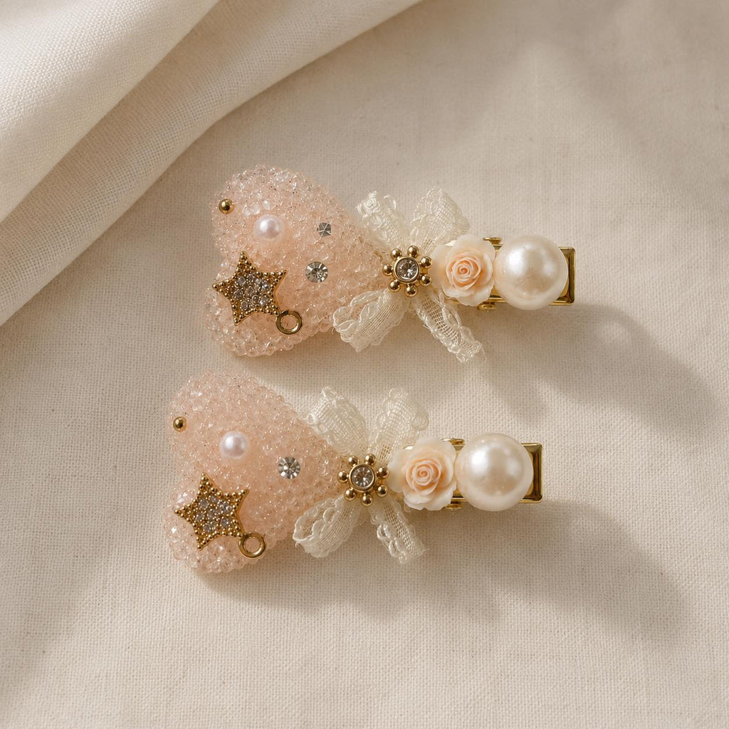 Peach Heart Lace Hair Clips Set of 2, Pearl Bow Barrettes, Beaded Coquette Hair Accessories, Gift for Her