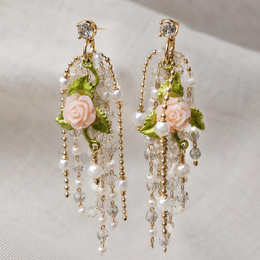 Pink Rose Flower Chandelier Earrings, Pearl Tassel Dangle Earrings, Victorian Garden Statement Jewelry, Romantic Gift for Her