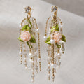 Pink Rose Flower Chandelier Earrings, Pearl Tassel Dangle Earrings, Victorian Garden Statement Jewelry, Romantic Gift for Her