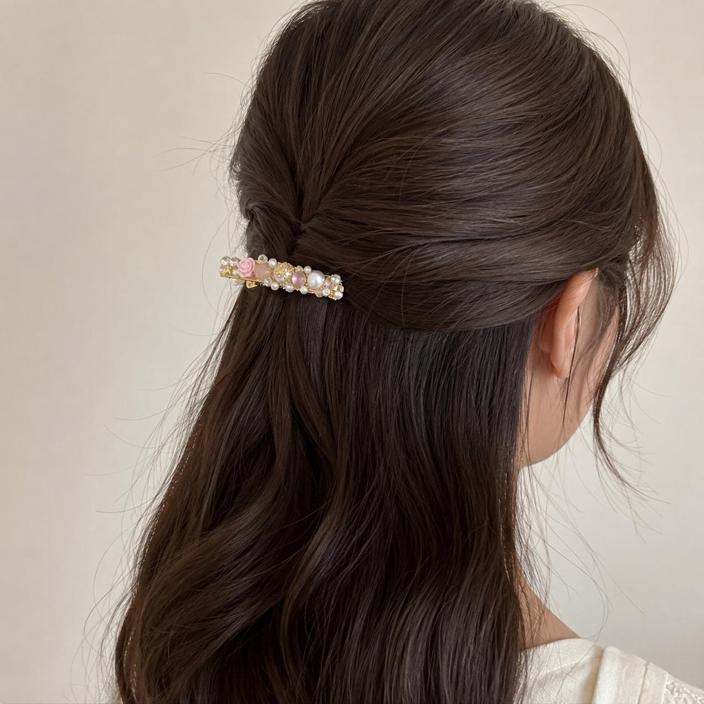 Gold Floral Pearl Hair Clip, Pink Rose Crystal Barrette, Romantic Coquette Hair Accessory, Gift for Her