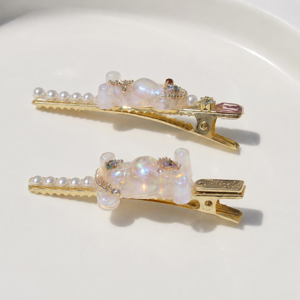 Aurora Teddy Bear Clips, Iridescent Gummy Bear Barrette Set, Pearl Pink Crystal Alligator Pinch, Whimsical Kawaii Coquette Hair Accessories