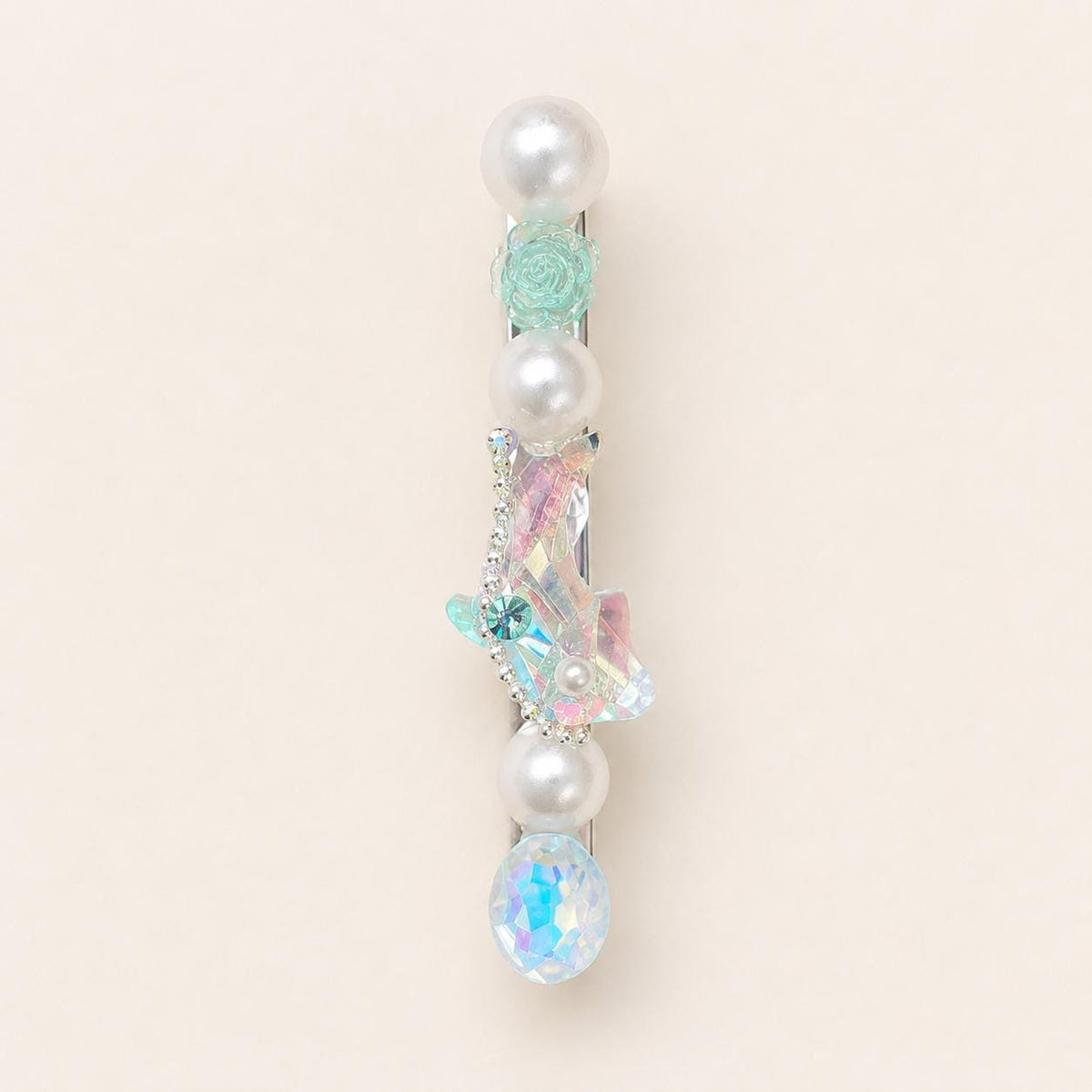 Aurora Mermaid Hair Clip, Mint Rose Pearl Barrette, Holographic Crystal Alligator Clip, Coquette Ocean Gift for Her