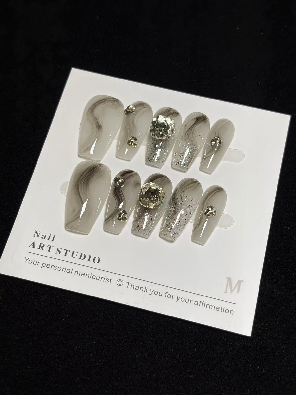 Silver Veil – Smoky Marble Crystal Press-On Nails No.13