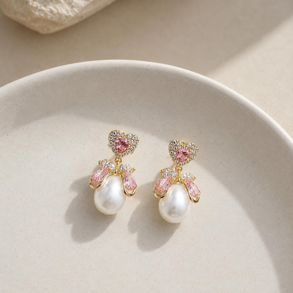 Pink Heart Crystal Bowknot Pearl Dangle Earrings, Balletcore Coquette Statement Jewelry