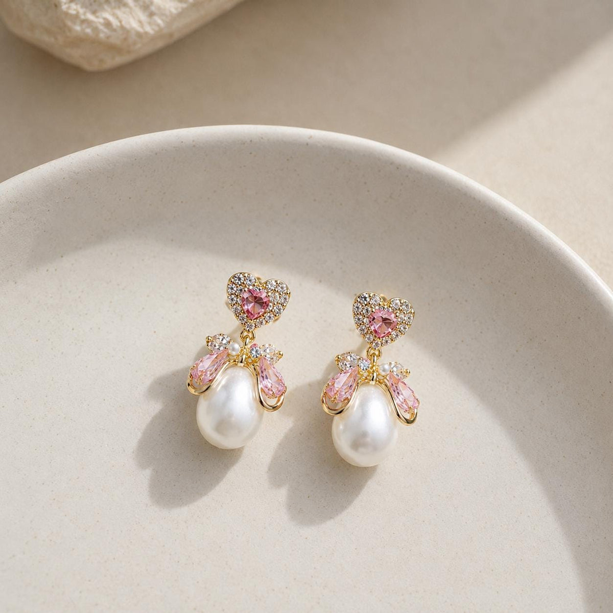 Pink Heart Crystal Bowknot Pearl Dangle Earrings, Balletcore Coquette Statement Jewelry