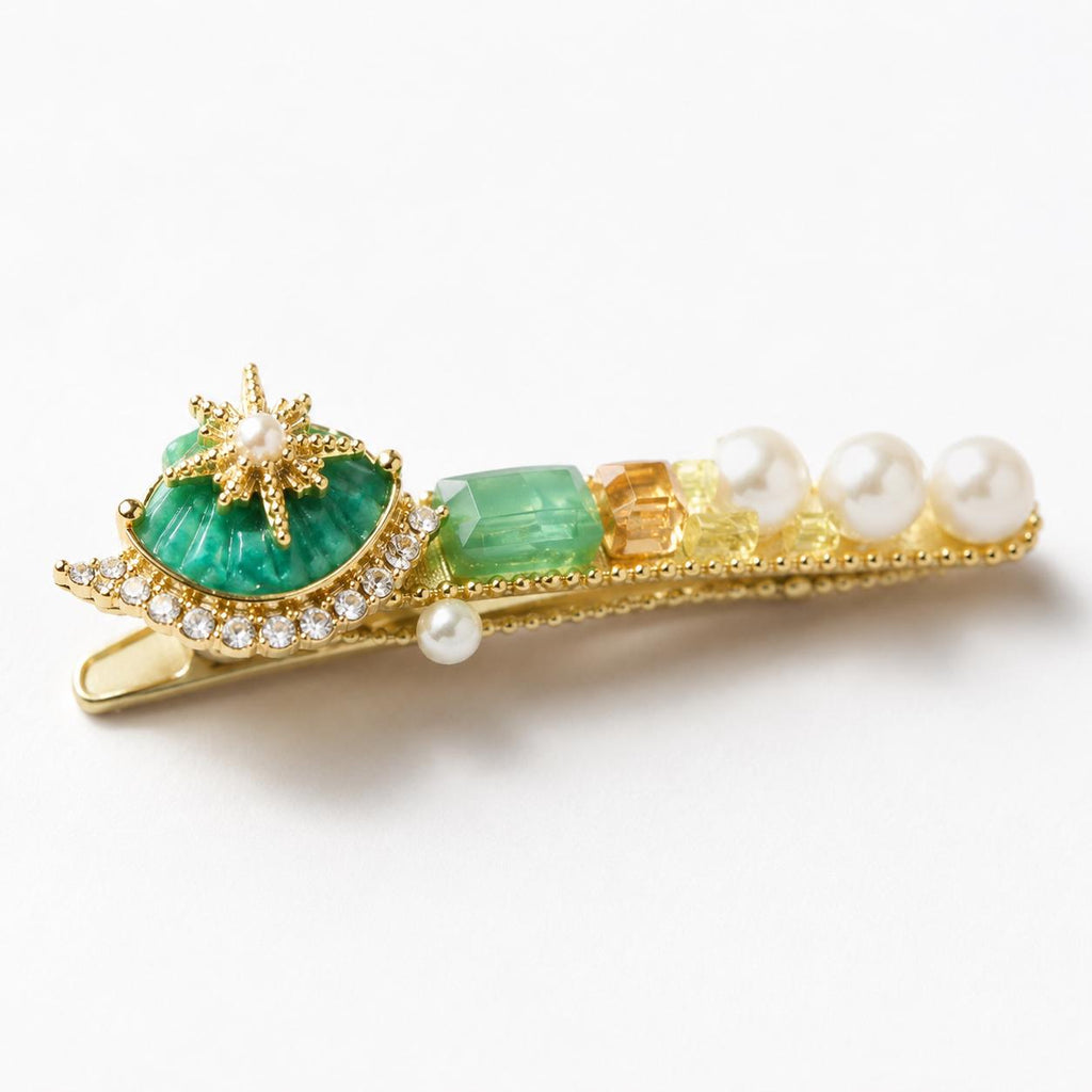 Emerald Green Baroque Pearl Hair Clip, Vintage Gold Geometric Barrette, Elegant French Style Hair Accessory, Gift for Her