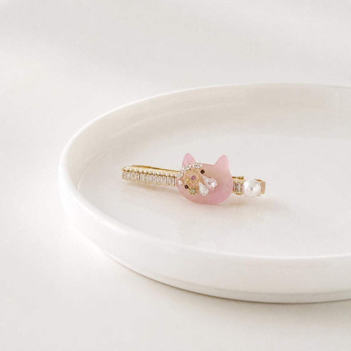 Pink Cat Resin Barrette, Baguette Crystal Hair Clip, Whimsical Kawaii Coquette Accessory