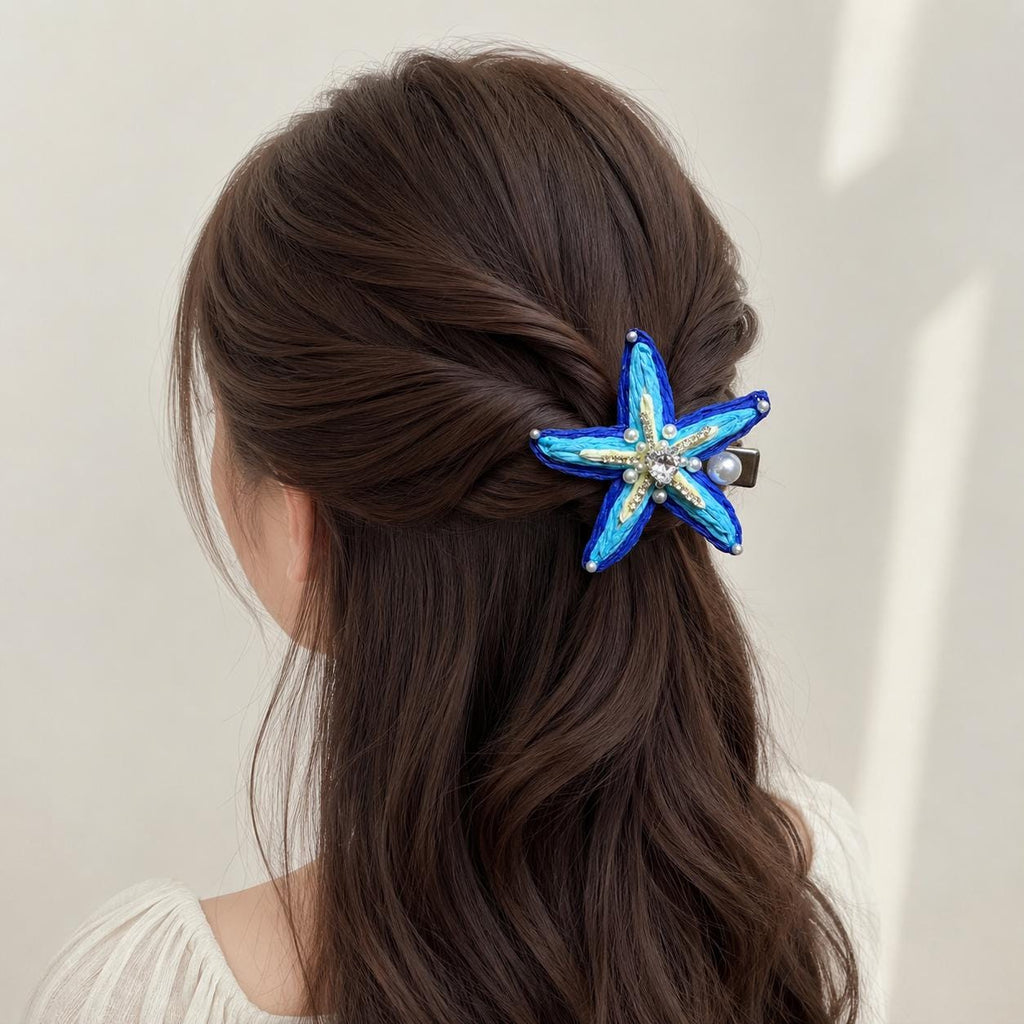 Blue Starfish Hair Clip, Crystal Heart Pearl Hair Barrette, Coastal Ocean Hair Accessory, Beach Gift for Her