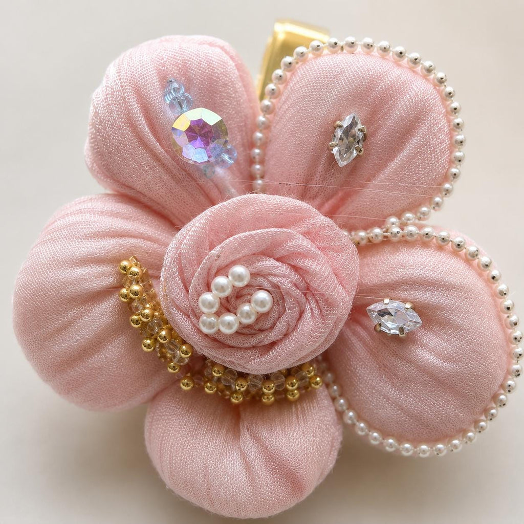 Pink Fabric Flower Hair Clip, Pleated Floral Barrette, Pearl Crystal Coquette Hair Accessory, Gift for Her