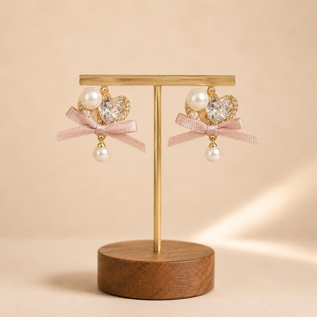 Pink Ribbon Bow Heart Earrings, Crystal Pearl Drop Earrings, Cute Balletcore Coquette Jewelry, Romantic Gift for Her
