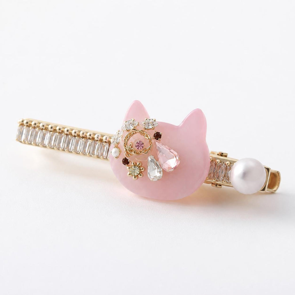 Pink Cat Resin Barrette, Baguette Crystal Hair Clip, Whimsical Kawaii Coquette Accessory