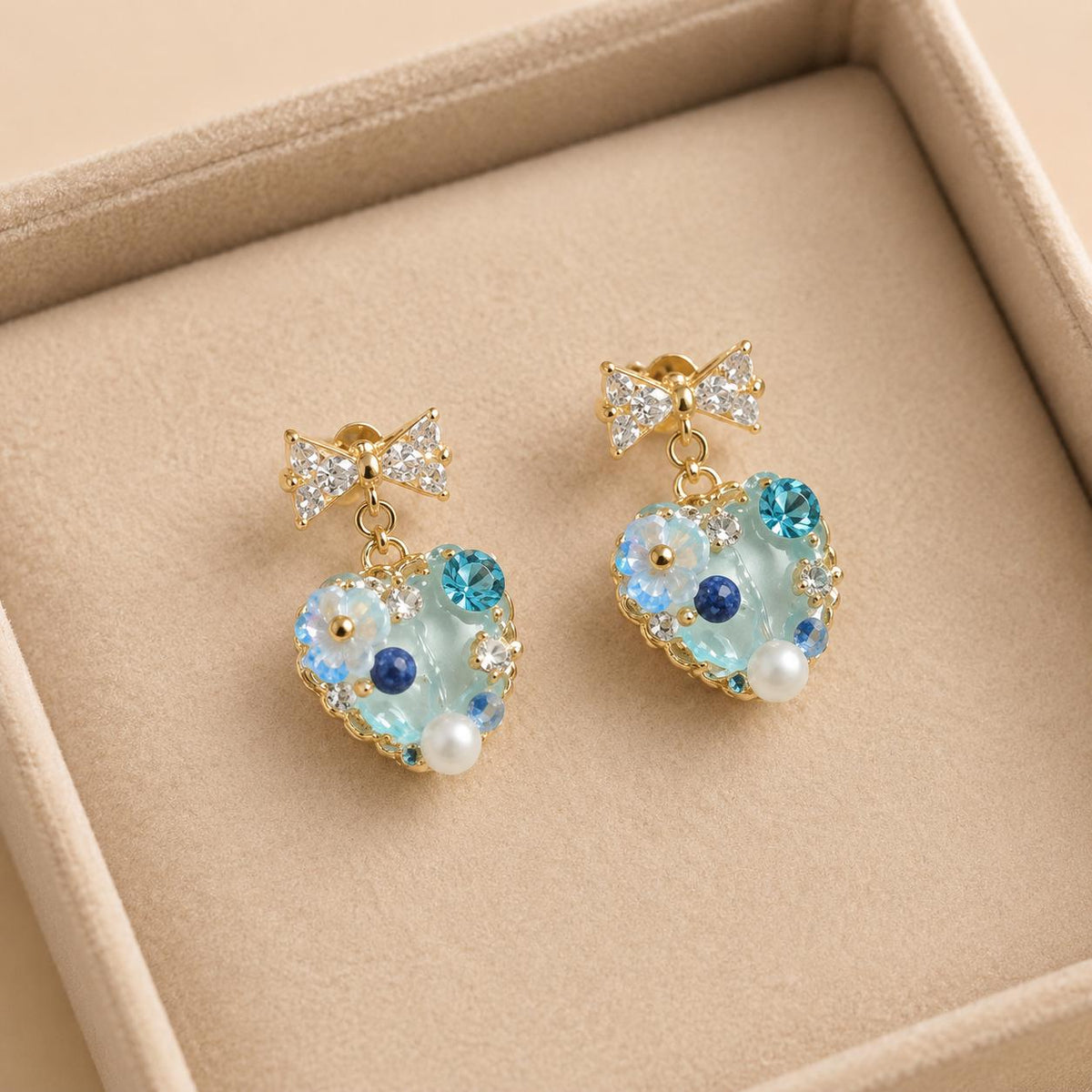 Mint Green Heart Earrings, Dainty Gold Bow Studs, Blue Crystal Pearl Heart Charms, Whimsical Shimmering Jewelry, Romantic Gift for Her