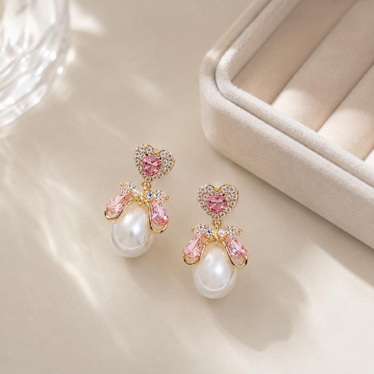 Pink Heart Crystal Bowknot Pearl Dangle Earrings, Balletcore Coquette Statement Jewelry