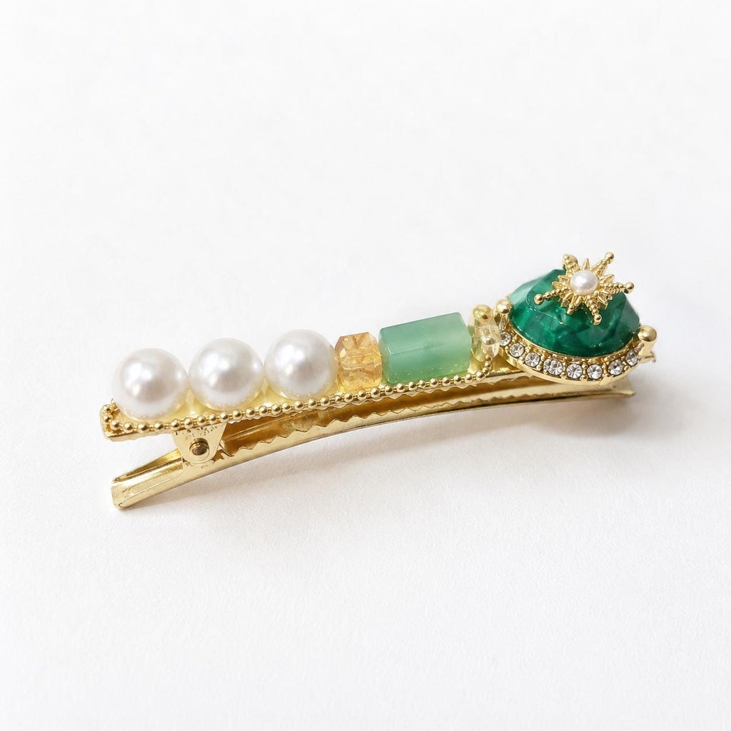 Emerald Green Baroque Pearl Hair Clip, Vintage Gold Geometric Barrette, Elegant French Style Hair Accessory, Gift for Her