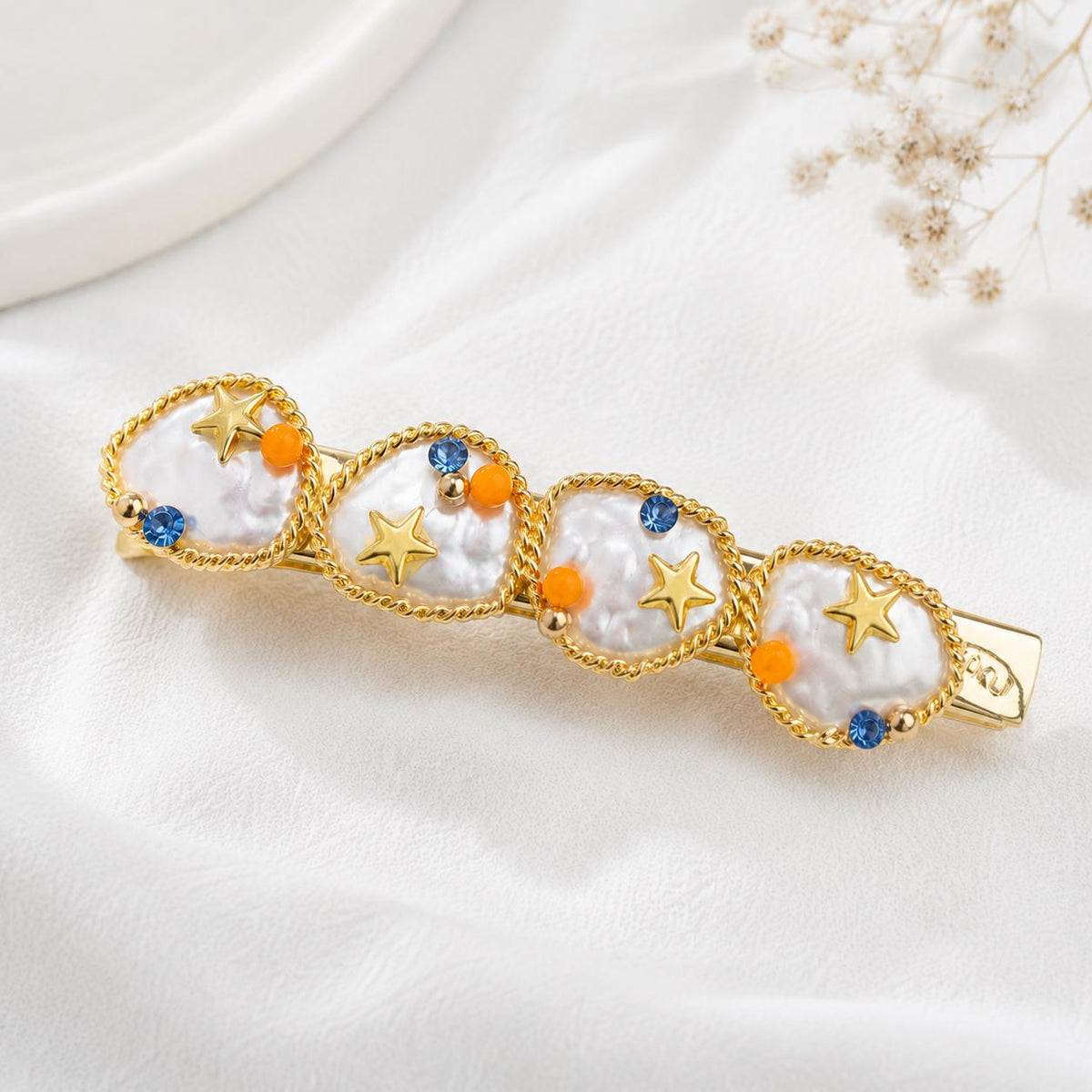 Baroque Pearl Star Hair Clip, Celestial Ocean Barrette, Orange Blue Crystal Mermaid Hair Accessory, Gift for Her