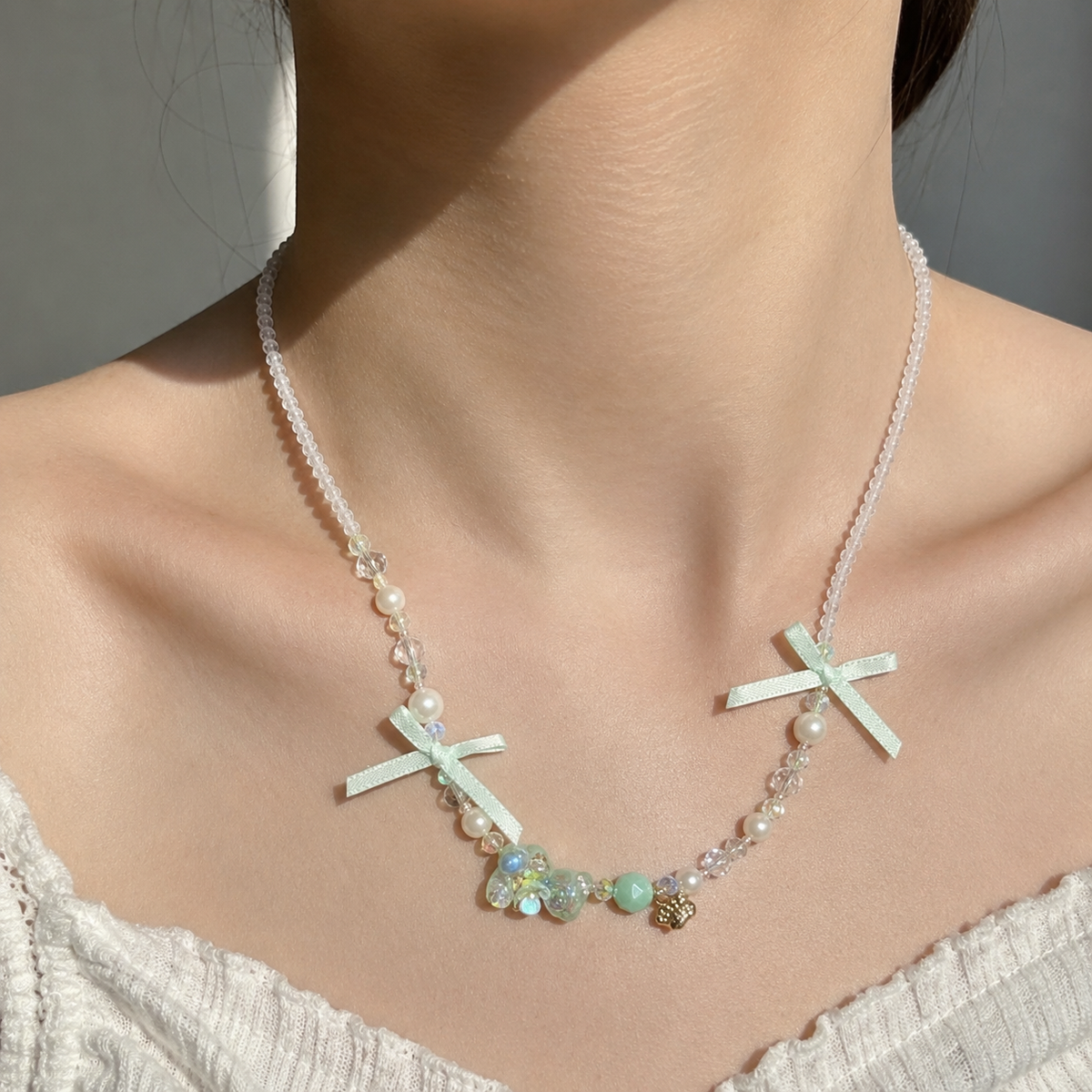Mint Ribbon Crystal Necklace
