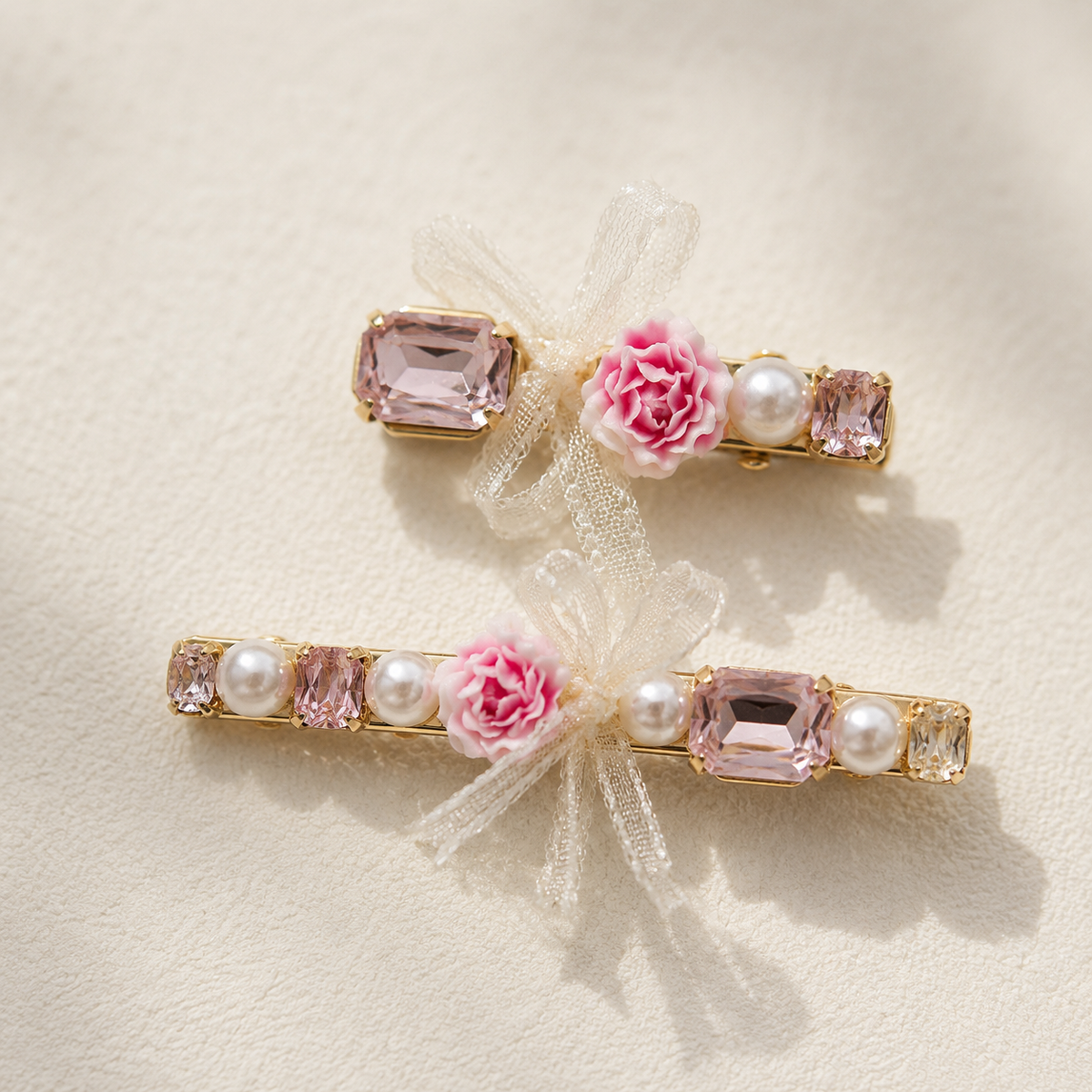 Blush Rose Ribbon Hair Clip Set