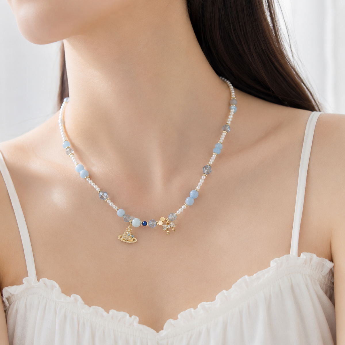 Powder Blue Crown Charm Necklace